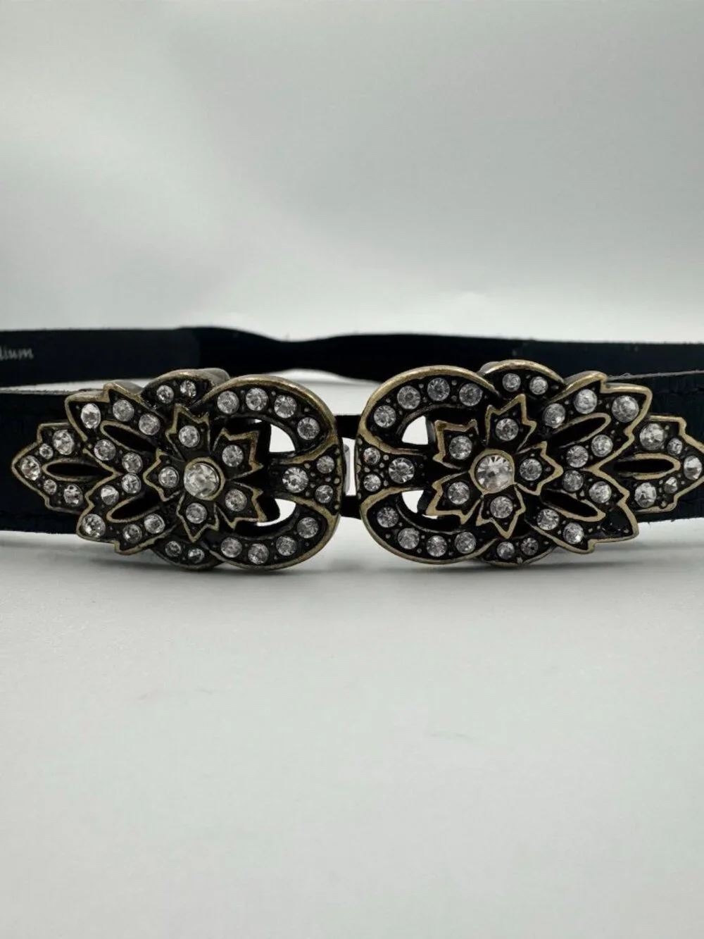 Fossil Black Stretch Leather Rhinestone Skinny Belt Medium